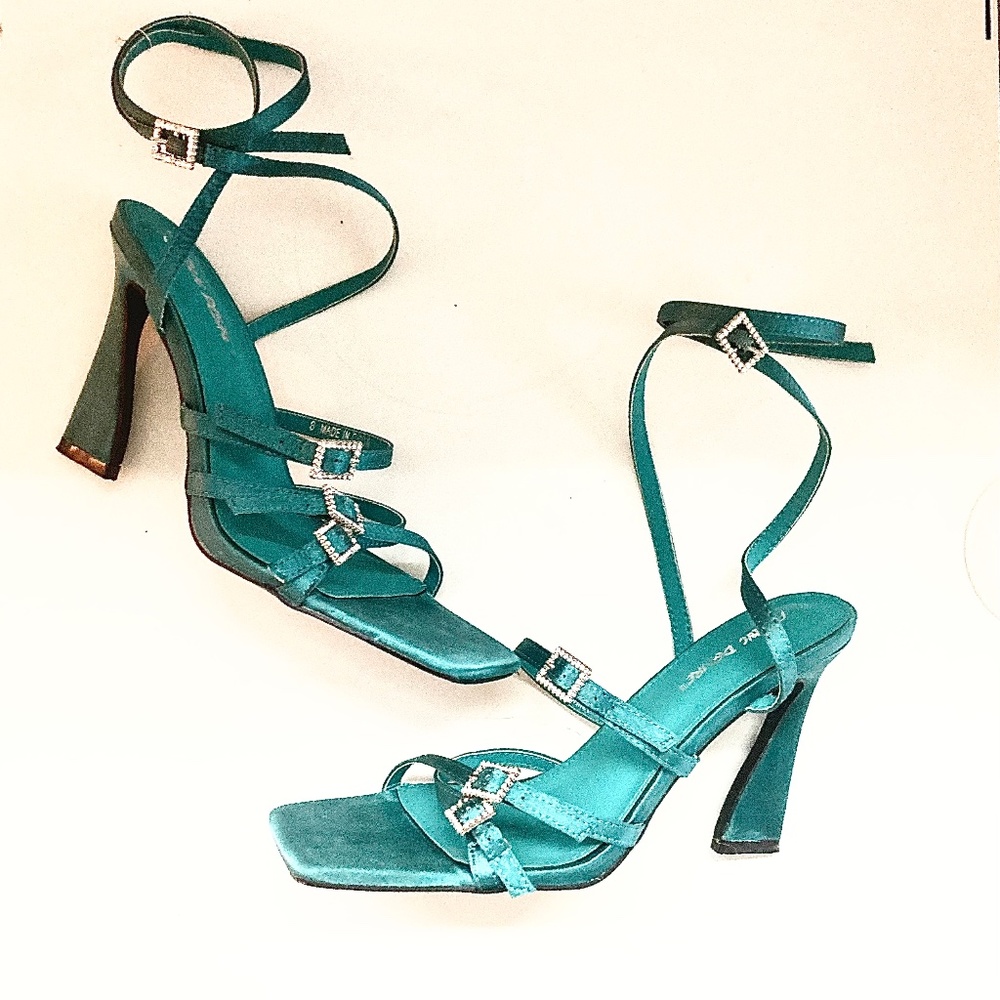 Public Desire Strappy Teal Rhinestone Buckle Heels